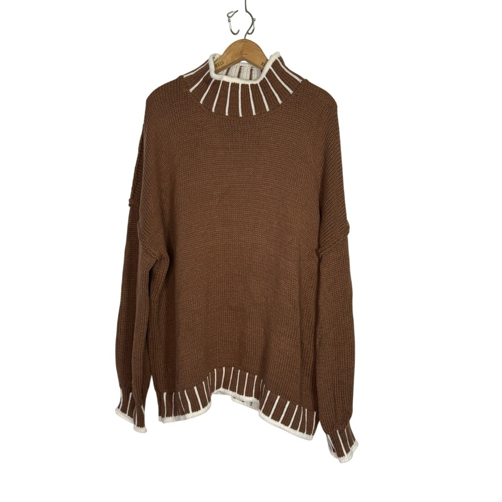 Womens Brown Knit Mock Neck Sweater with White Stripe Details Size XL